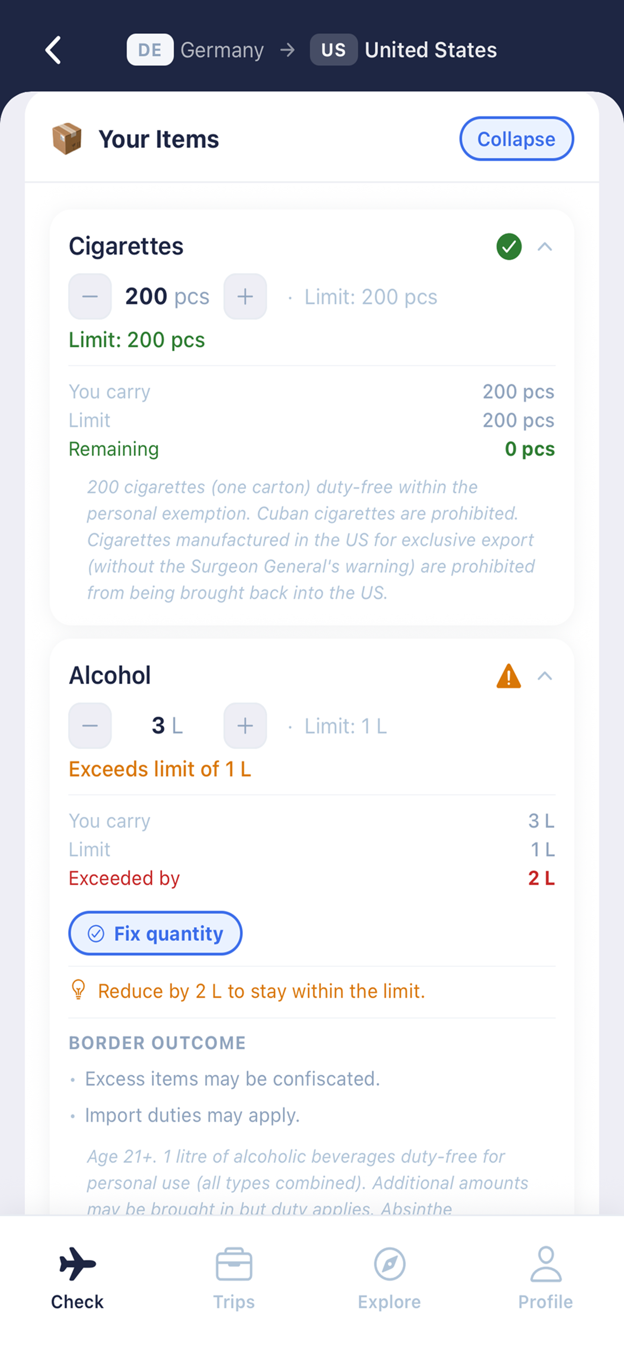 Item detail view in CustomsLimit