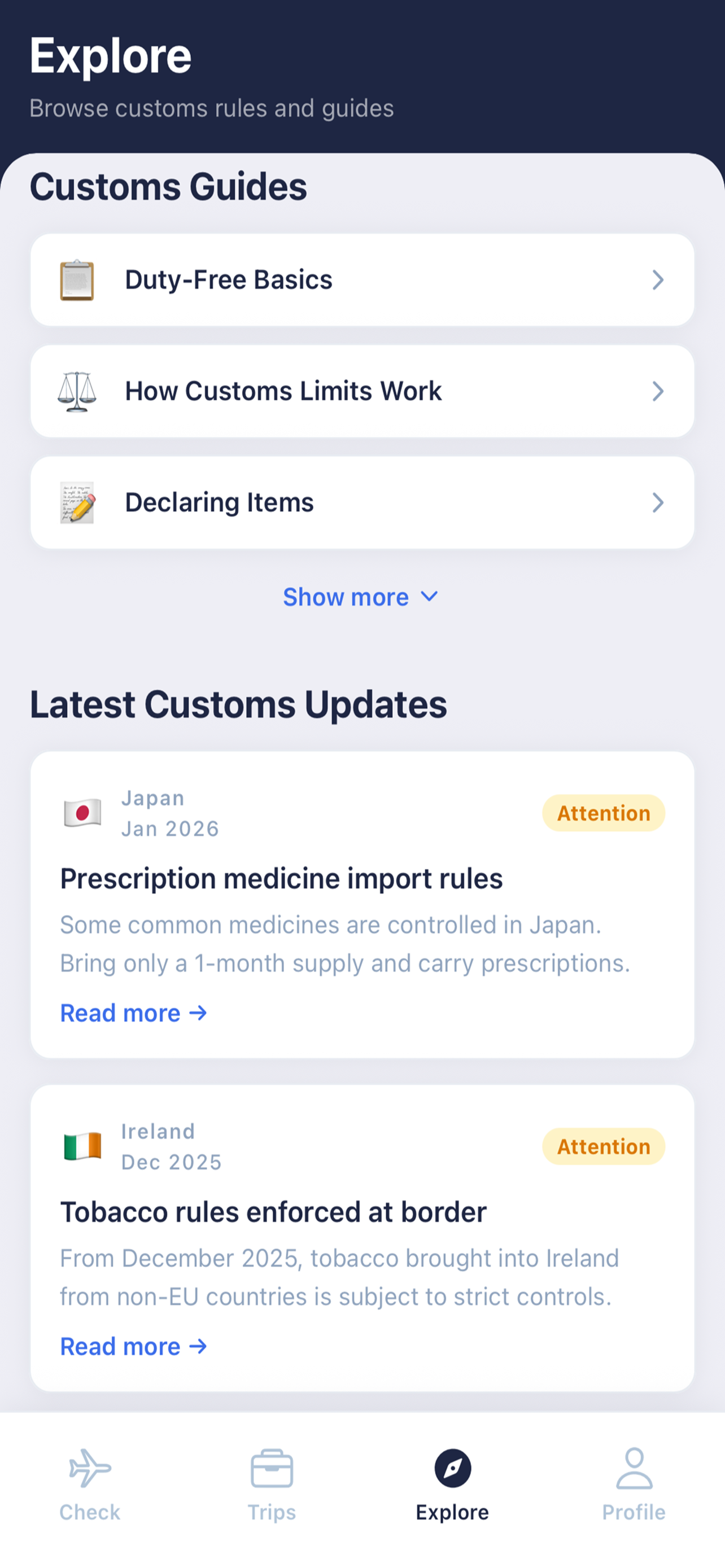 Explore screen with customs guides and updates in CustomsLimit