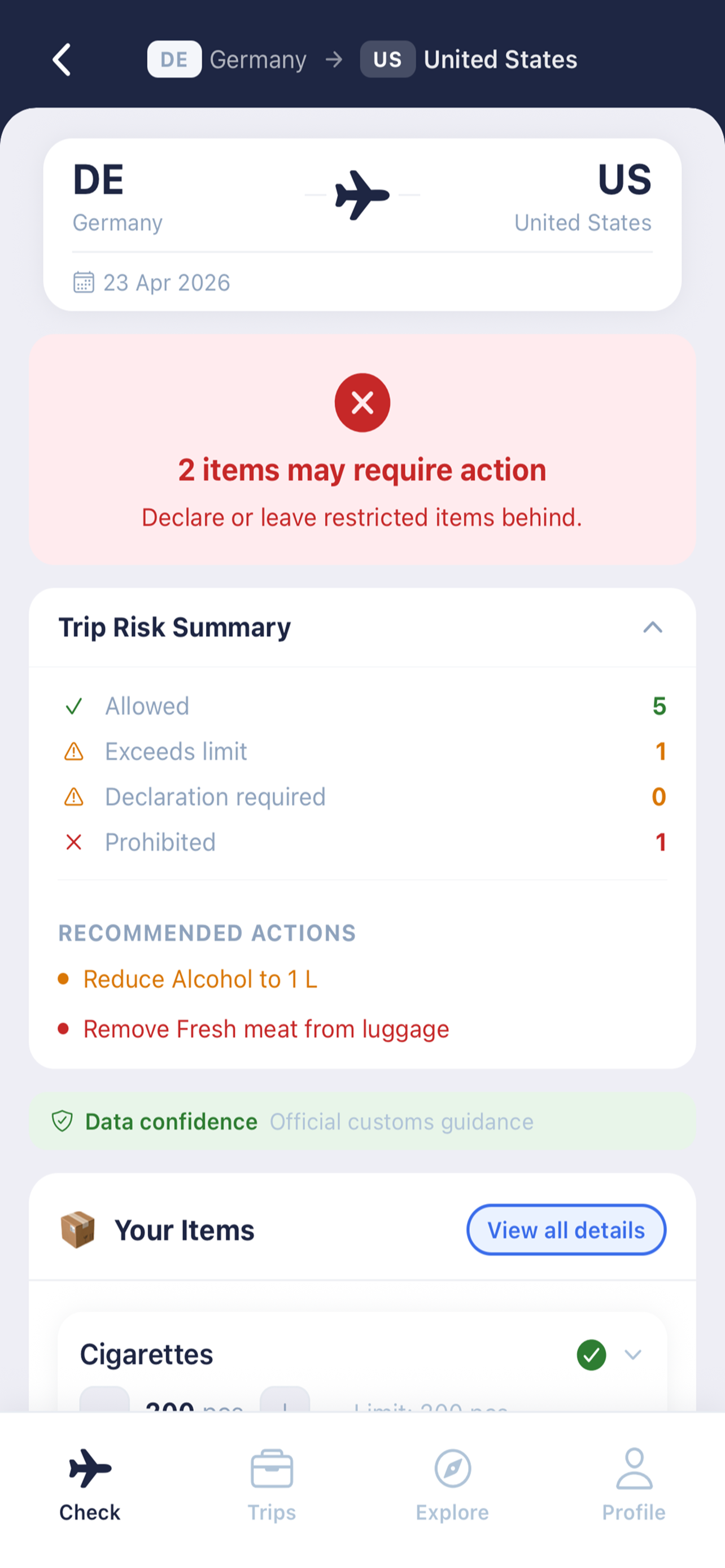 CustomsLimit customs summary screen